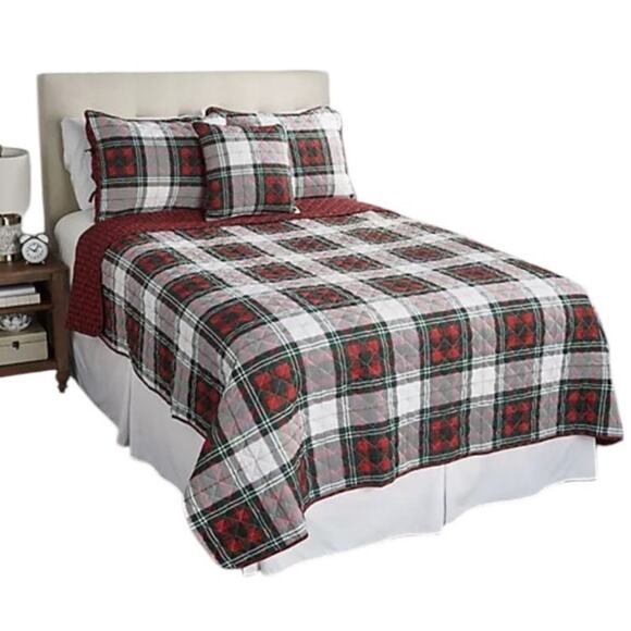 Home Reflections NEW Reversible Holiday Plaid Quilt Sham Pillow Set Full Double - Picture 1 of 13
